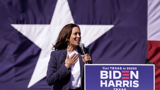 Democratic vice presidential candidate Senator Kamala Harris speaks at a campaign event in Fort Worth, Texas.