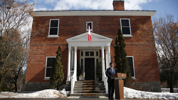 Canadian Prime Minister Justin Trudeau speaks to the media outside his residence at Rideau Cottage in Ottawa, Ontario.
