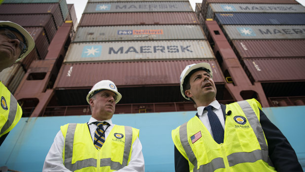 Infrastructure week in Washington. Pete Buttigieg, US secretary of transportation, right, and Bill Doyle, executive director of the Maryland Port Administration, tour a marine terminal at the Port of Baltimore, Maryland, US. 