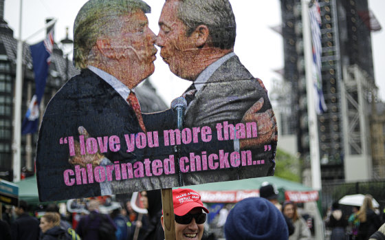 A man in central London on Tuesday holds a banner depicting US President Donald Trump kissing Brexit Party leader Nigel Farage.