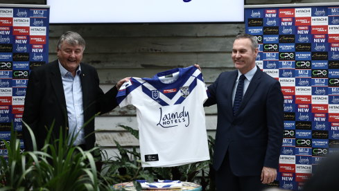 Arthur Laundy and Andrew Hill, CEO of the Canterbury-Bankstown Bulldogs, at the announcement of the Laundy Hotels sponsorship deal.
