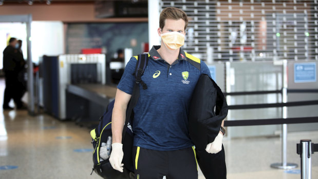 Australian batsman Steve Smith at Sydney Airport before departing to the UK.