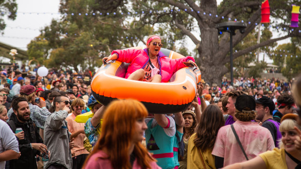 Crowd-surfing in style at the 29th Meredith Music Festival.