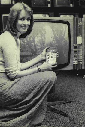 Miss Elizabeth Sheppard, of Paddington, with the most expensive television set (a Nordmende Spectra, priced at $1275) on display at David Jones' Market St. Store, February 23, 1975.