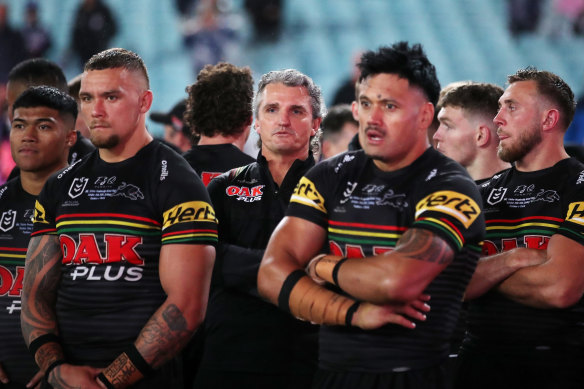 Ivan Cleary and his dejected troops after Penrith’s loss to Melbourne in last year’s grand final.