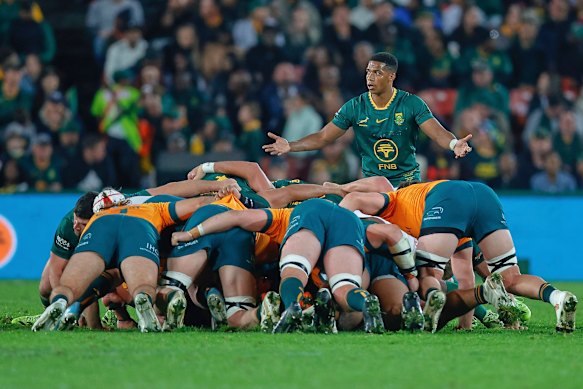 Wallabies scrummage against South Africa last August in Johannesburg.
