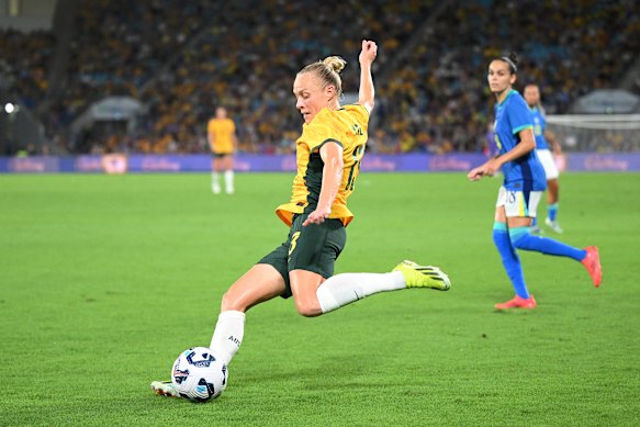 Tameka Yallop during an international friendly match between the Matildas and Brazil at Cbus Super Stadium at Gold Coast.