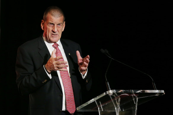 Former Victorian premier Jeff Kennett making a speech in 2019 in his then role as Hawthorn Football Club president.