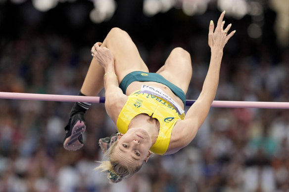 Eleanor Patterson, of Australia, competes in the women's high jump final at the 2024 Summer Olympics, Sunday, Aug. 4, 2024, in Saint-Denis, France. (AP Photo/Matthias Schrader)