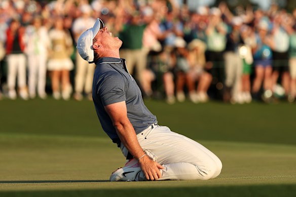 Rory McIlroy celebrates winning the US Masters.