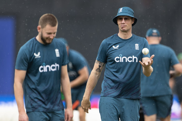 Former England player Andrew Flintoff (right) in his role as mentor to the England team with Gus Atkinson.