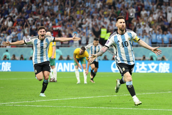 Lionel Messi celebrates his goal against the Socceroos.