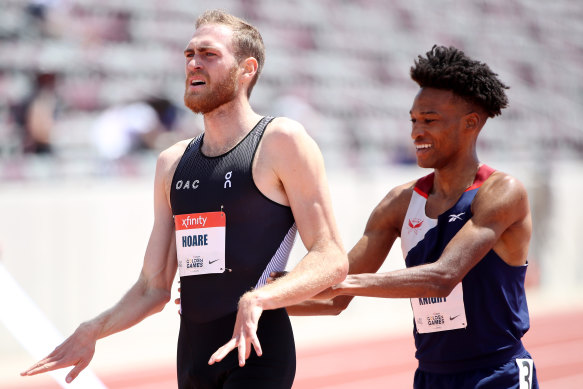 Australian Ollie Hoare, left, reacts after the men’s 1500 at the USATF Golden Games and World Athletics Continental Tour in California earlier this month. 