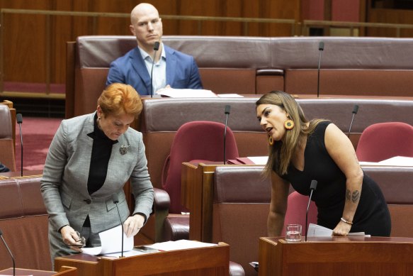 One Nation leader Pauline Hanson and Victorian senator Lidia Thorpe exchanged words in the Senate after Thorpe’s speech. 