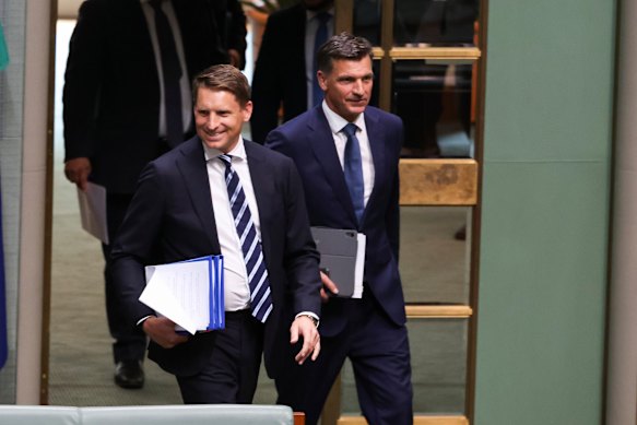 Shadow Minister for Industry and Sovereign Capability Andrew Hastie and Opposition Leader Angus Taylor earlier this month.