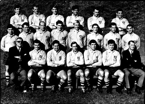 The Wallabies in June 1968, left to right back row: H. Rose, D. Taylor, P. Reilly, A. Abrahams, A. Cardy R. Prosser. Centre row: J. Hipwell, J. Guerassimoff, G. Davis, J. Cole, P. Smith, A. McGill, J. Ballesty, R. Honan. Front row: L. Charters, J. Brash, P. Johnson, K. Catchpole, J. Roxburgh, P. Darveniza, D. Connor.
