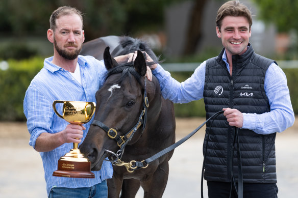 Ciaron Maher and David Eustace with Gold Trip and the Melbourne Cup. 