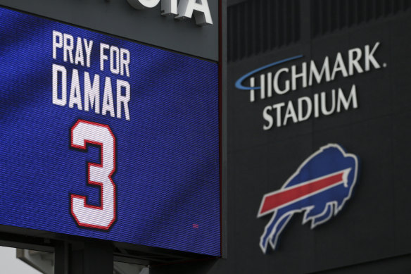 A sign showing support for Damar Hamlin outside the Bills’ Highmark Stadium in Buffalo.