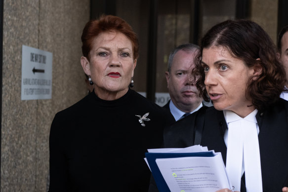 Pauline Hanson and Sue Chrysanthou, SC, outside the Federal Court in Sydney on Monday.