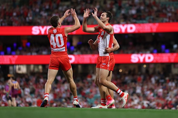 Logan McDonald of the Swans celebrates a goal.