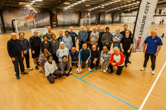 Kicking goals: Gerry Fay, far right, with fellow Whittlesea U3A walking football players, at YMCA Leisure City gym in Epping.