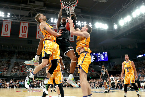 Melbourne United's Shawn Long dunks against Brisbane but it was the Bullets' night.