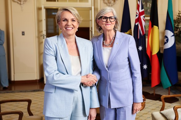Minister for Social Services Tanya Plibersek during a swearing-in ceremony of the new ministry at Government House with Governor-General Sam Mostyn.