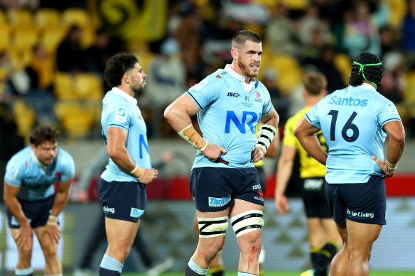 Fergus Lee-Warner of the Waratahs looks dejected during a loss to the Hurricanes.