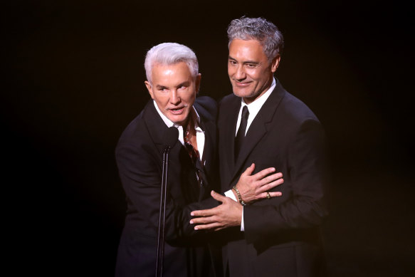 Baz Luhrmann and Taika Waititi presenting the 2021 AACTA Award for best film.