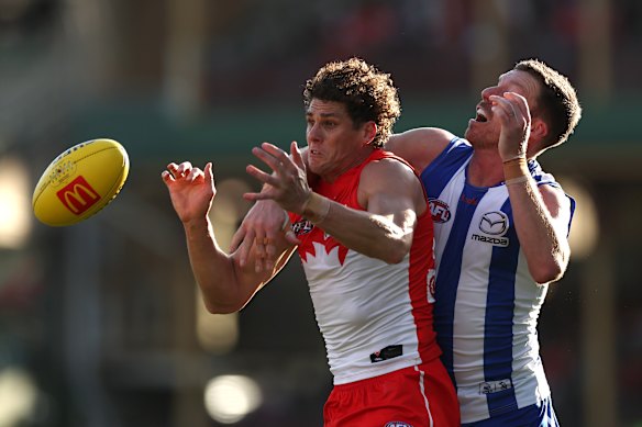 Charlie Curnow of the Swans competes with Aidan Corr of the Kangaroos.