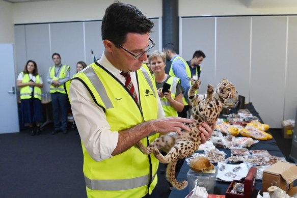 Agriculture Minister David Littleproud inspects an item that was detected using new biosecurity scanning machines at an Australia Post mail centre.