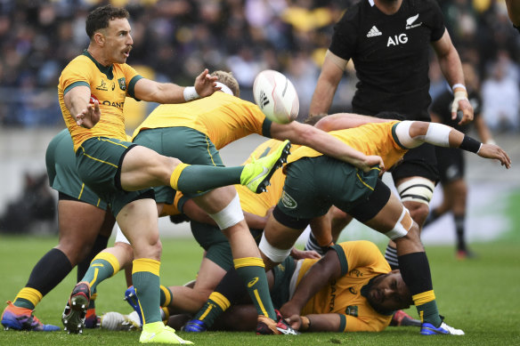Nic White executes a box kick against the All Blacks.
