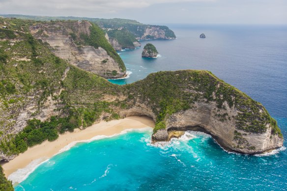 An aerial view of Kelingking Beach on Nusa Penida. 