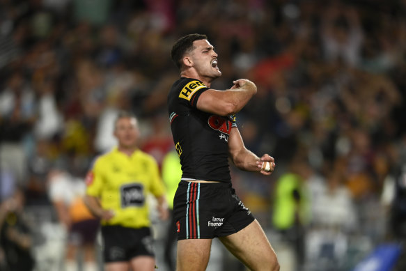 Nathan Cleary celebrates his grand final-winning try.