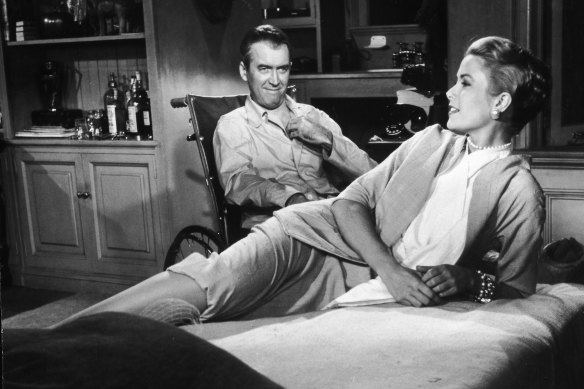 Grace Kelly and James Stewart in a scene from Alfred Hitchcock’s Rear Window.