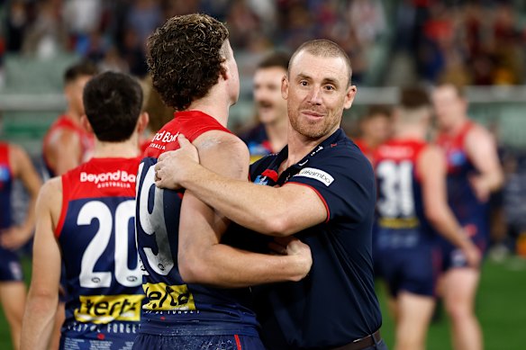 Coach Simon Goodwin celebrates the most recent of the Demons’ two wins this season.