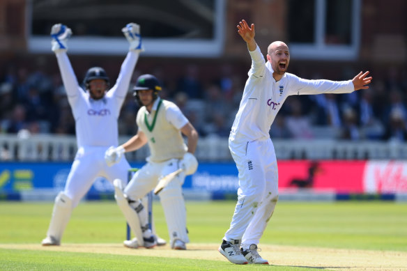 Jack Leach claims a wicket during England’s just completed Test against Ireland. 