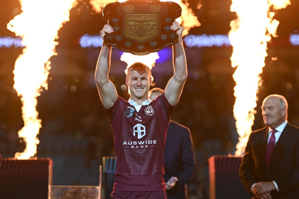 Queensland captain Daly Cherry-Evans lifts the State of Origin Shield after last year’s series victory.