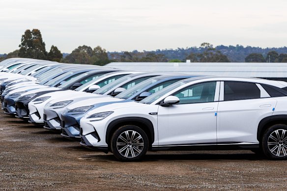 Recently imported electric vehicles parked in a storage yard in Kilsyth in Melbourne’s east.