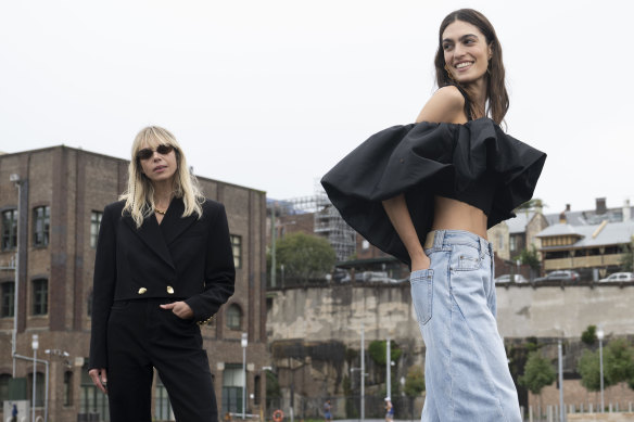 Model Sofia Palladino (right) with Aje co-founder Edwina Forest at Barangaroo, where they will show their resort collection at Australian Fashion Week.