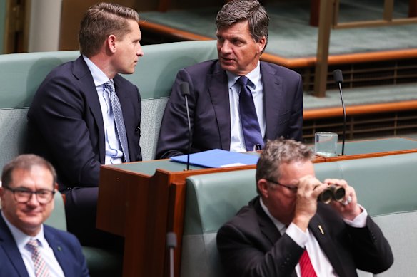 Liberal National MP  Colin Boyce uses his binoculars in the House of Representatives.