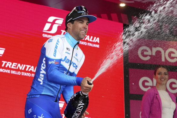 Australia’s Michael Matthews celebrates winning the third stage of the Giro d’Italia earlier this month.