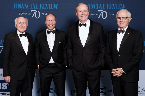 Malcolm Turnbull, right, with former Liberal prime minister John Howard, Treasurer Josh Frydenberg, and former treasurer Peter Costello in March.