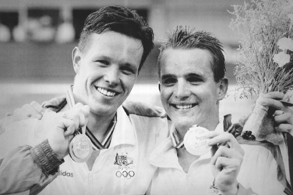 Australians Kieren Perkins (gold) and Glen Housman (silver) with their medals at the 1992 Barcelona Olympics.