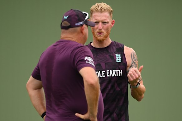 Pause for thought: Ben Stokes during an England nets session in Brisbane on Saturday.