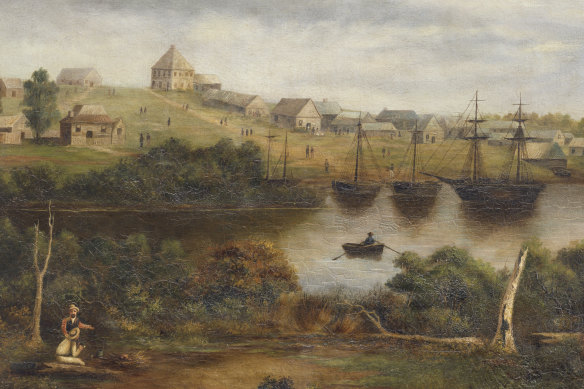 Eleanor McGlinn's 1870s painting of Melbourne as it looked from the south bank of the Yarra in 1840, based on an 1840 sketch by George Henry Haydon.