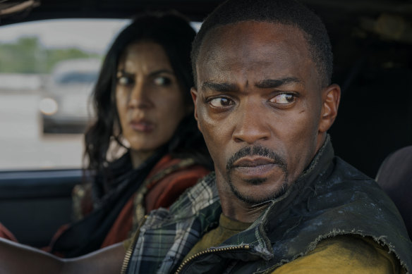 Stephanie Beatriz as Quiet and Anthony Mackie as John in <i>Twisted Metal</i>.