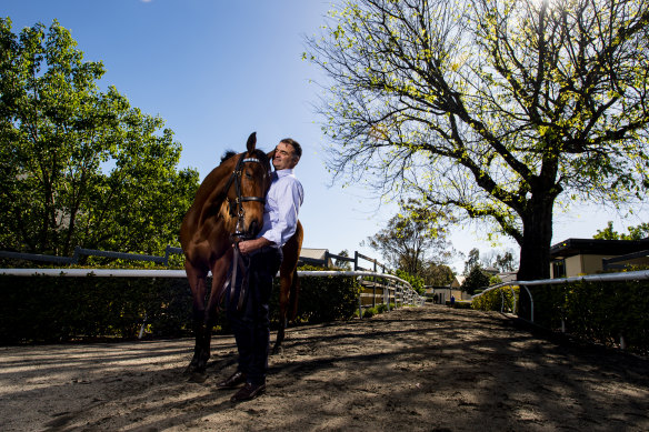 Godolphin boss Vin Cox with Everest contender In Secret, who he bought for $900,000 at the 2021 Magic Millions.