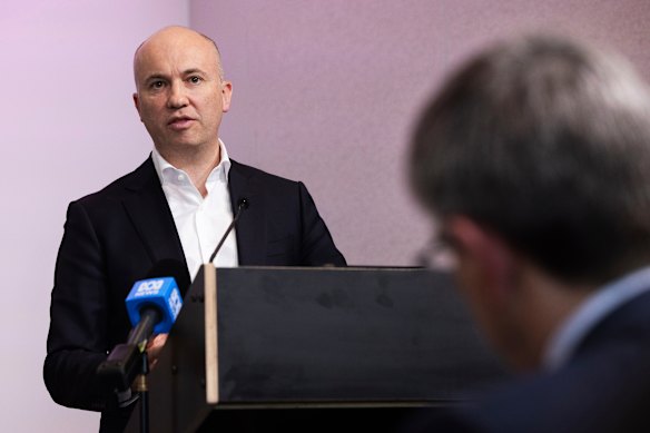 Matt Kean speaks at a Smart Energy Council event in Sydney today. 
