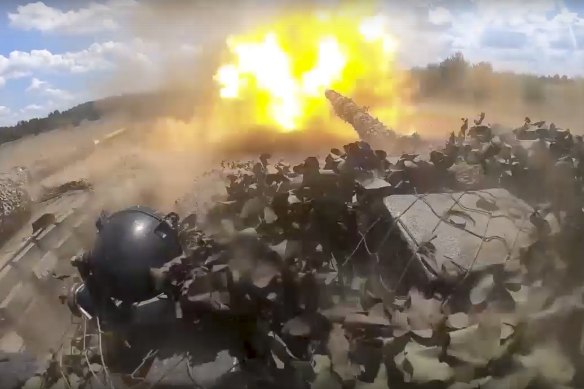 Tanks of the 2nd Army Corps of the People’s Militia of the rebel-held Luhansk on a mission at an undisclosed location in Ukraine on July 30.